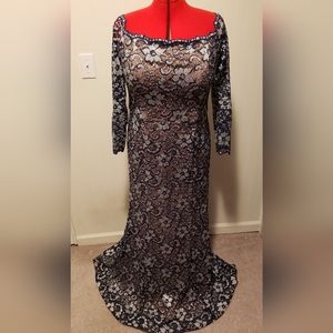Evening gown, Xscape, navy blue, floral off-the-shoulder, size 16.